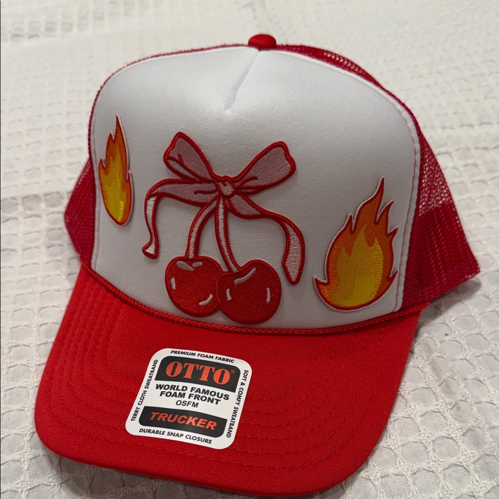 OTTO Red and White Trucker Hat with Cherry and Flame Design